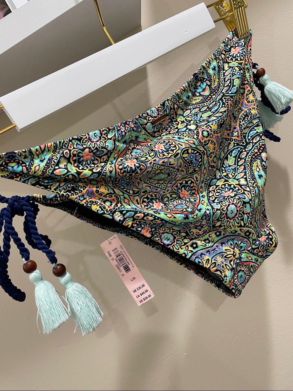 Victoria’s Secret L green blue aqua patterned bikini bottom NWT tassel ties - Picture 9 of 11